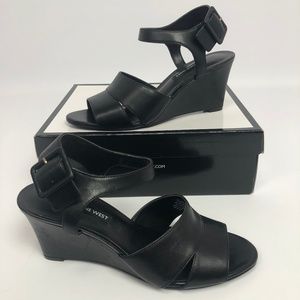 Nine West Womens Vahan Wedge Sandals Black Leather